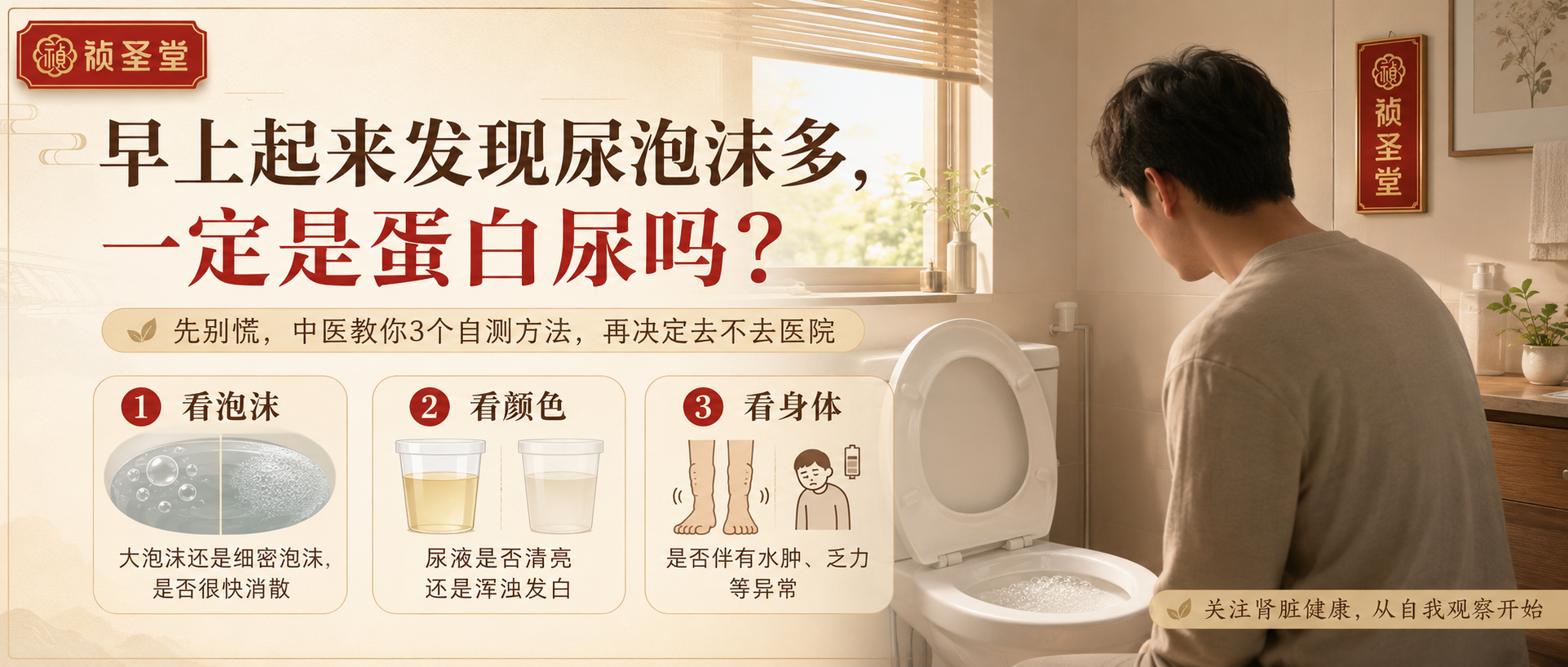 早上起来发现尿泡沫多，一定是蛋白尿吗？先别慌，中医教你3个自测方法，再决定去不去医院