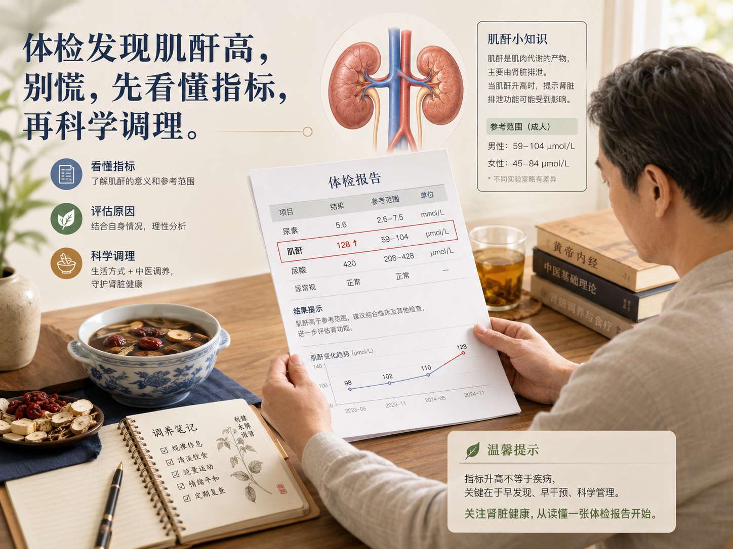 体检发现肌酐高，慌了？别怕！一篇告诉你：肌酐指标到底在说什么，中医怎么看、怎么调