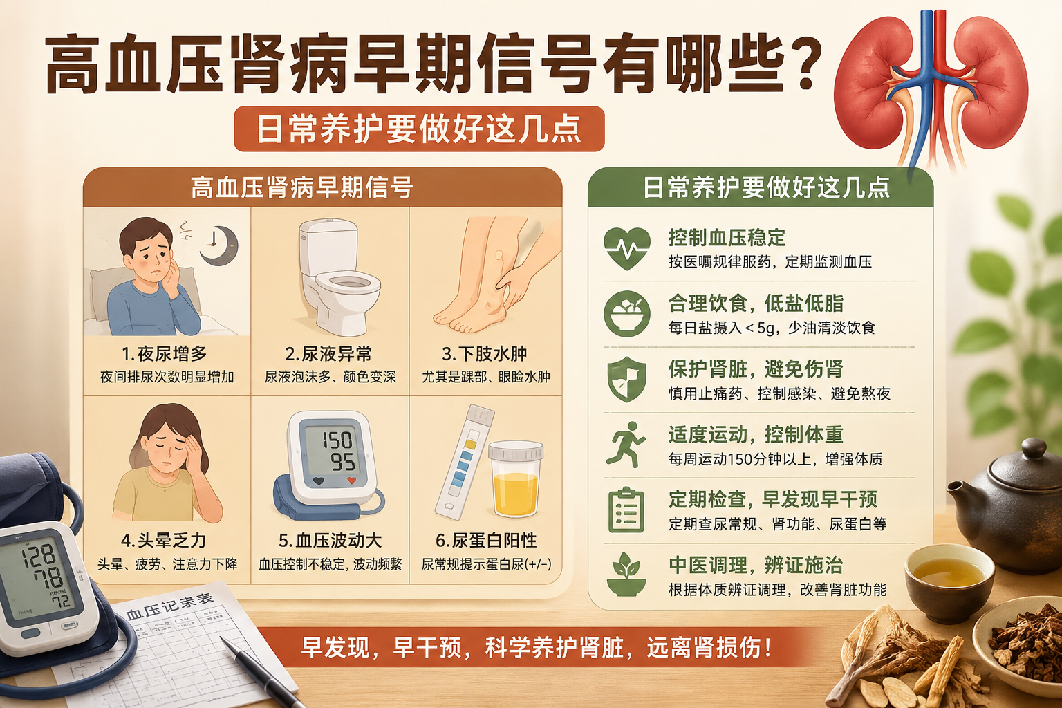 高血压肾病早期信号有哪些？日常养护要做好这几点