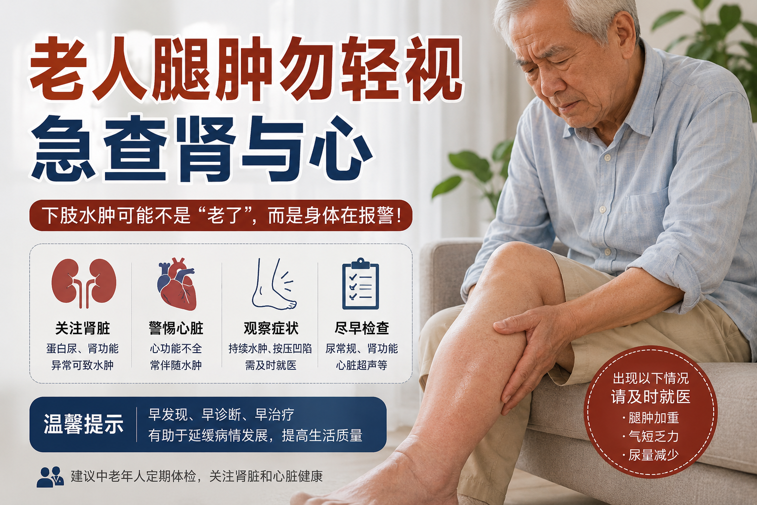警惕！老年人下肢浮肿勿轻视，急查“肾与心”（附消肿调理指南）