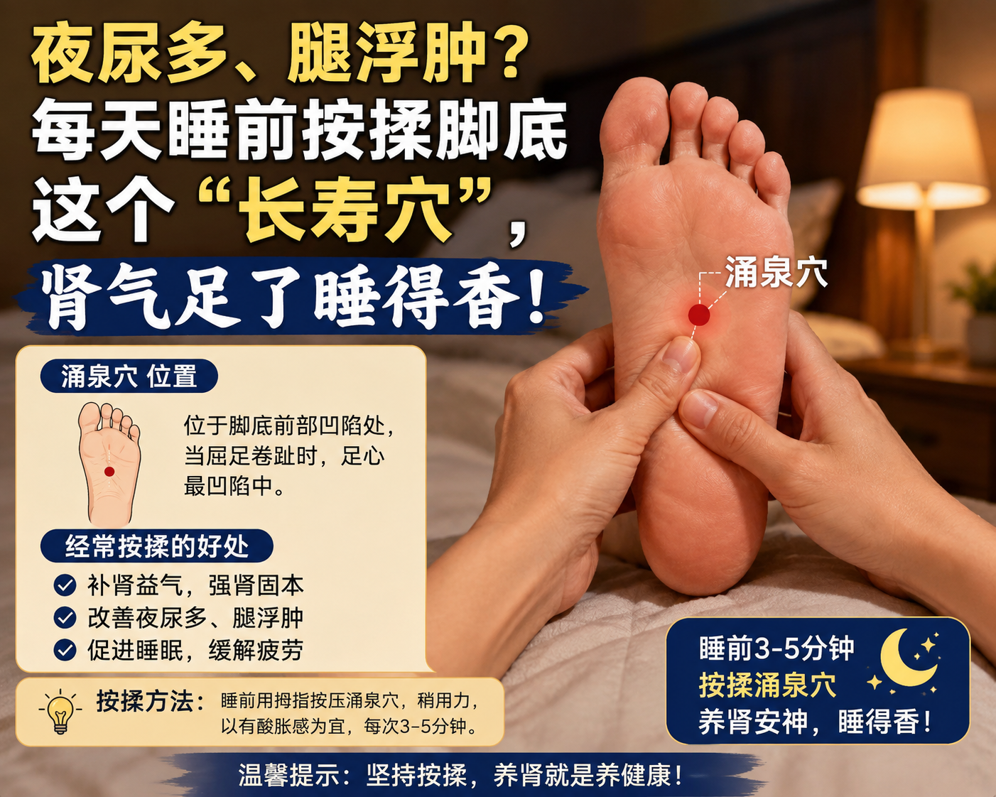 夜尿多、腿浮肿？每天睡前按揉脚底这个“长寿穴”，肾气足了睡得香！