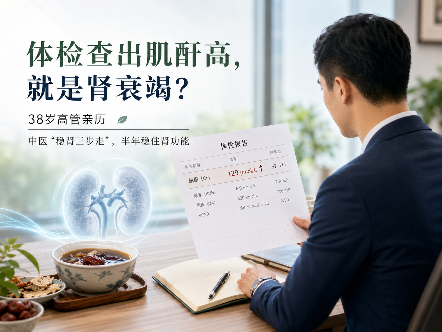 体检查出肌酐高，就是肾衰竭？38岁高管亲历：中医“稳肾三步走”，半年稳住肾功能！