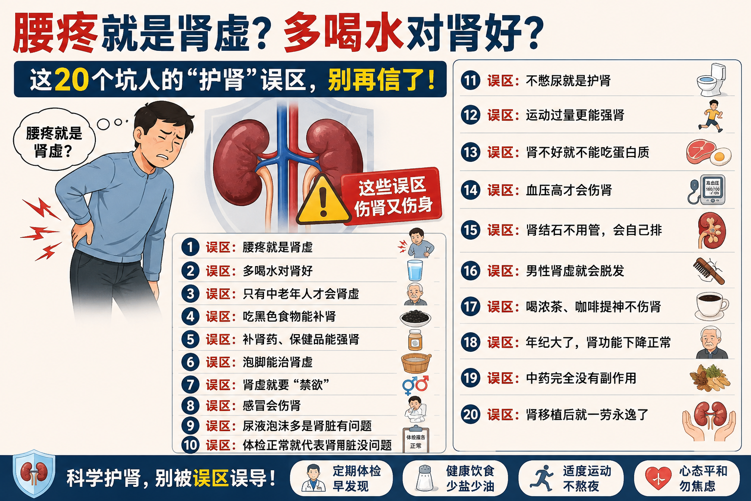腰疼就是肾虚？多喝水对肾好？这20个坑人的“护肾”误区，别再信了！