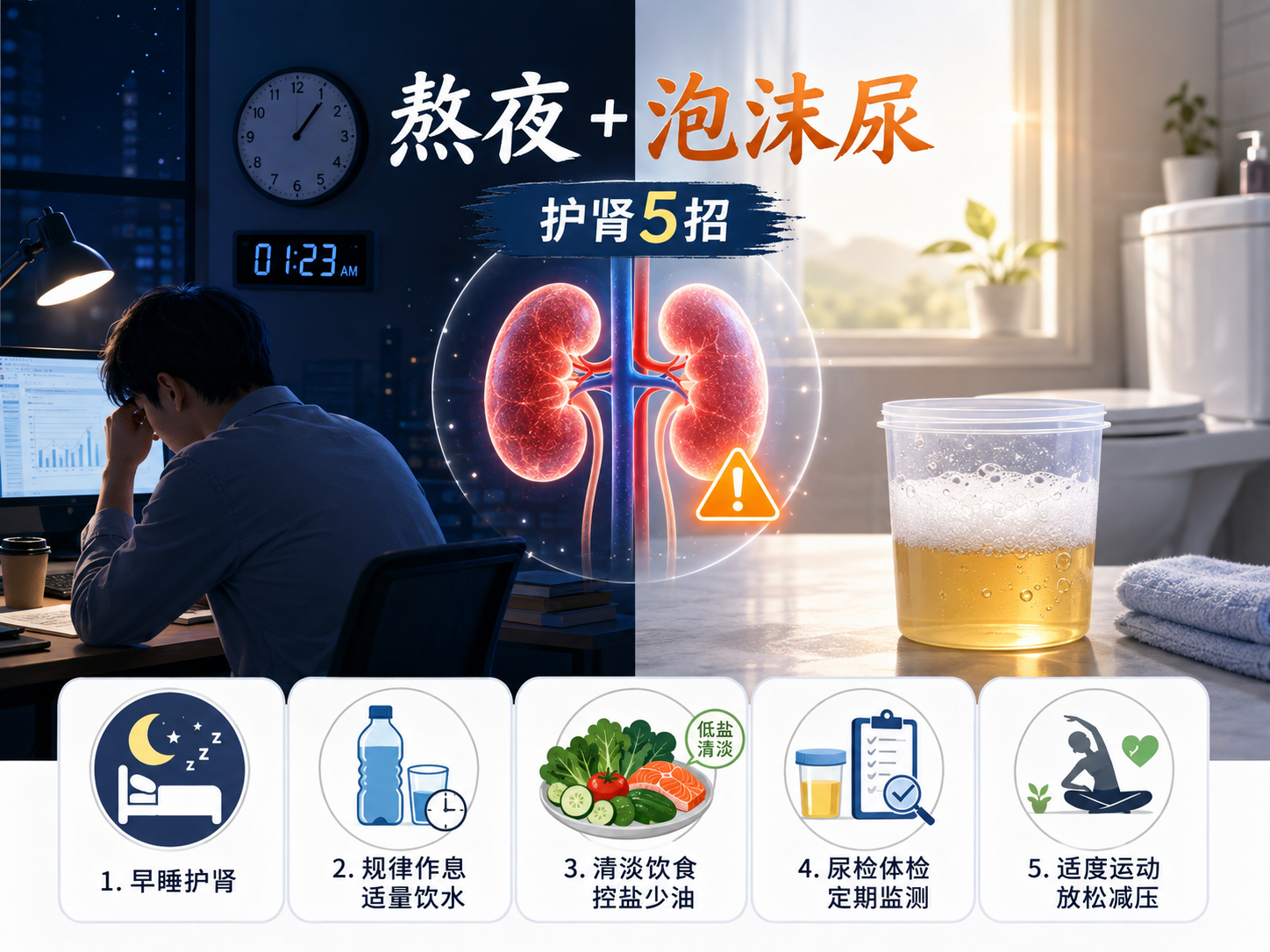 经常熬夜，早起小便泡沫多？医生警告：这是肾脏在“漏精”！5招教你补救
