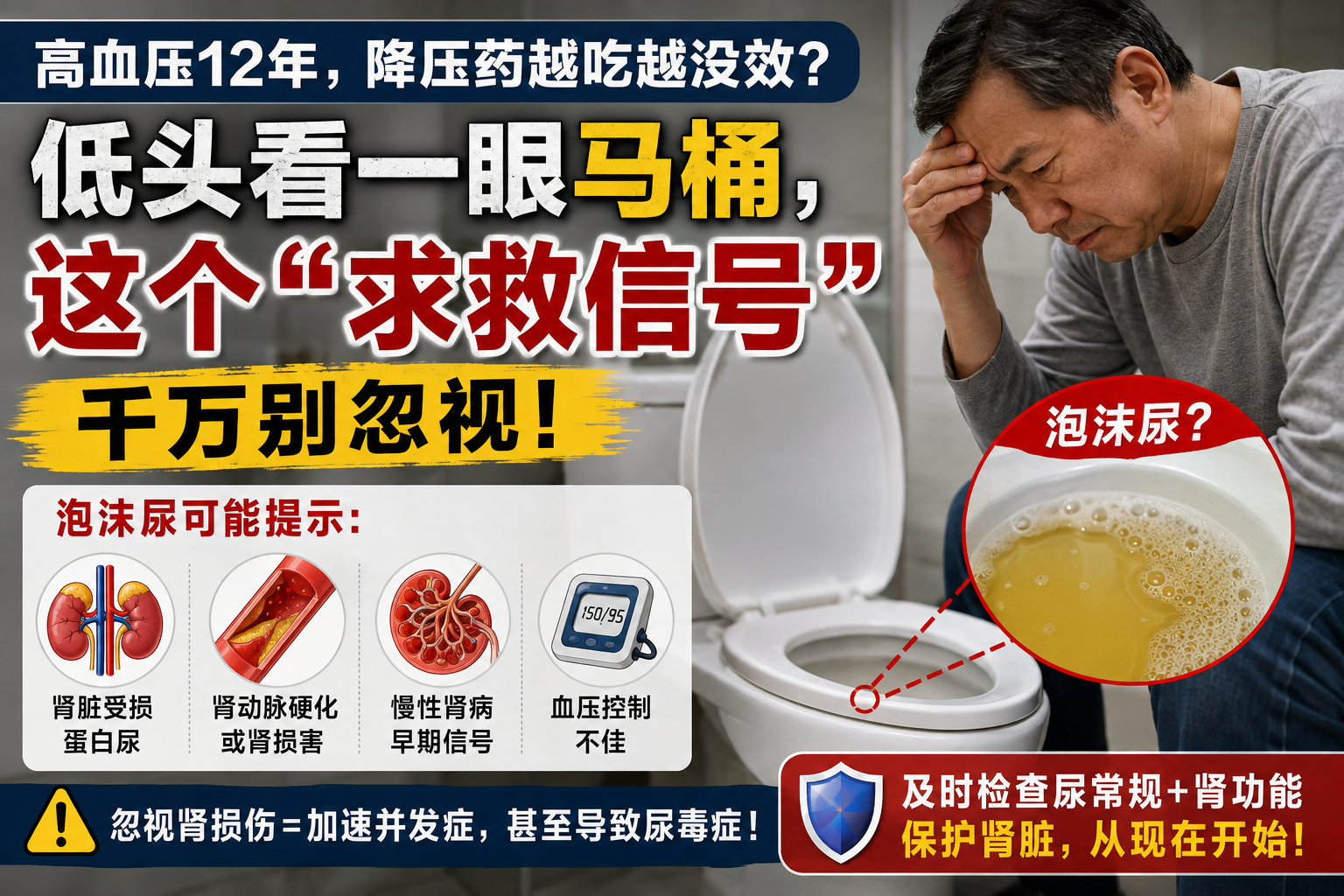 高血压12年，降压药越吃越没效？低头看一眼马桶，这个“求救信号”千万别忽视！