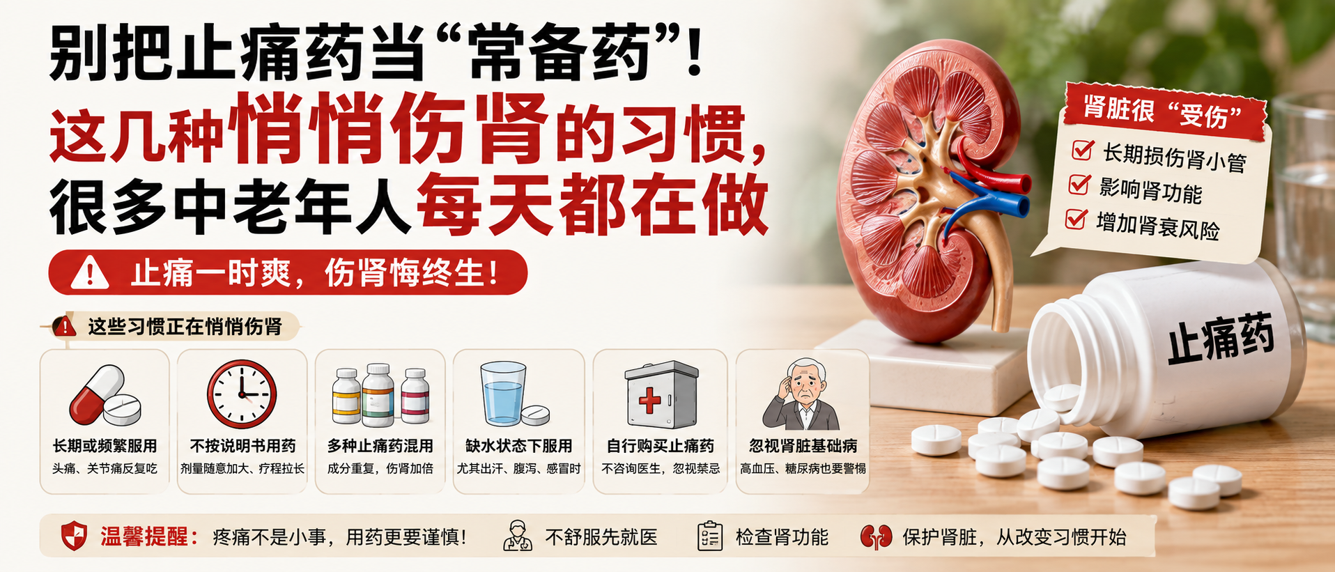 别把止痛药当“常备药”！这几种悄悄伤肾的习惯，很多中老年人每天都在做