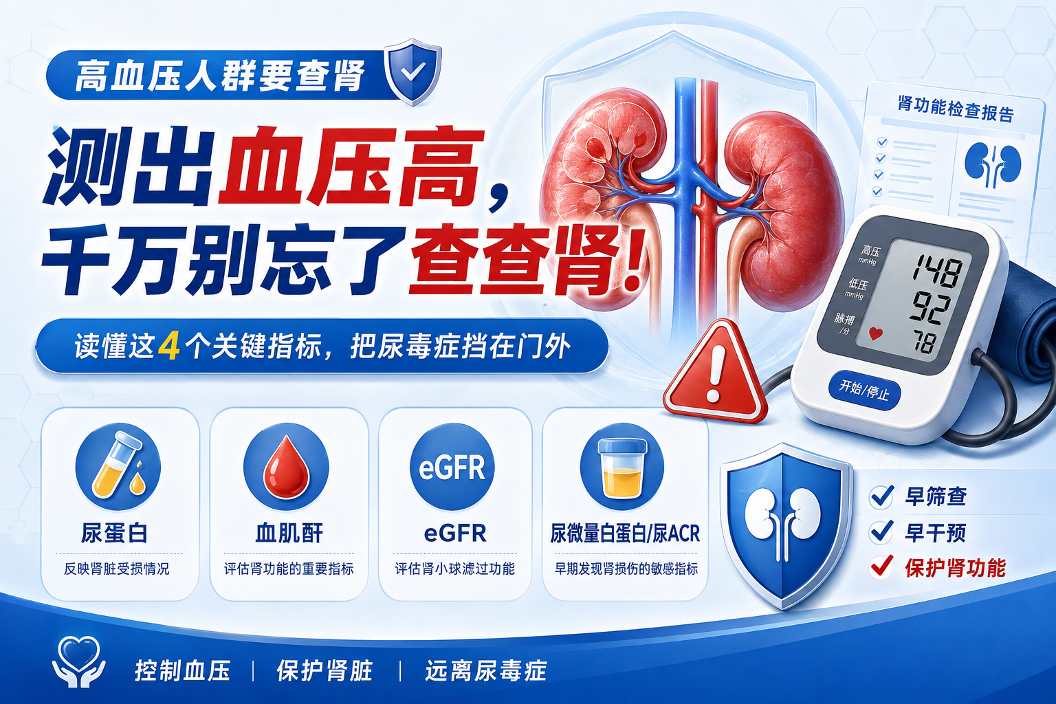 测出血压高，千万别忘了查查肾！读懂这4个关键指标，把尿毒症挡在门外
