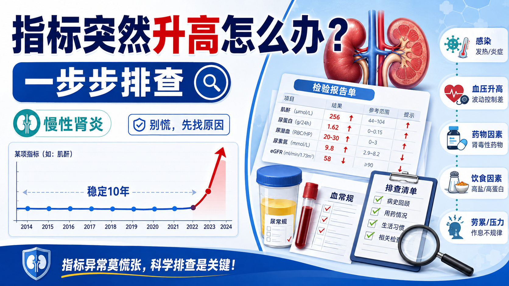慢性肾炎指标稳定十年突然升高怎么办？指标异常波动的一步步排查法