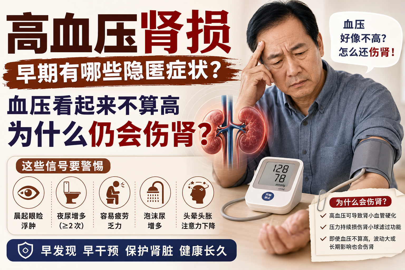 高血压肾损早期有哪些隐匿症状？血压看起来不算高为什么仍会伤肾？