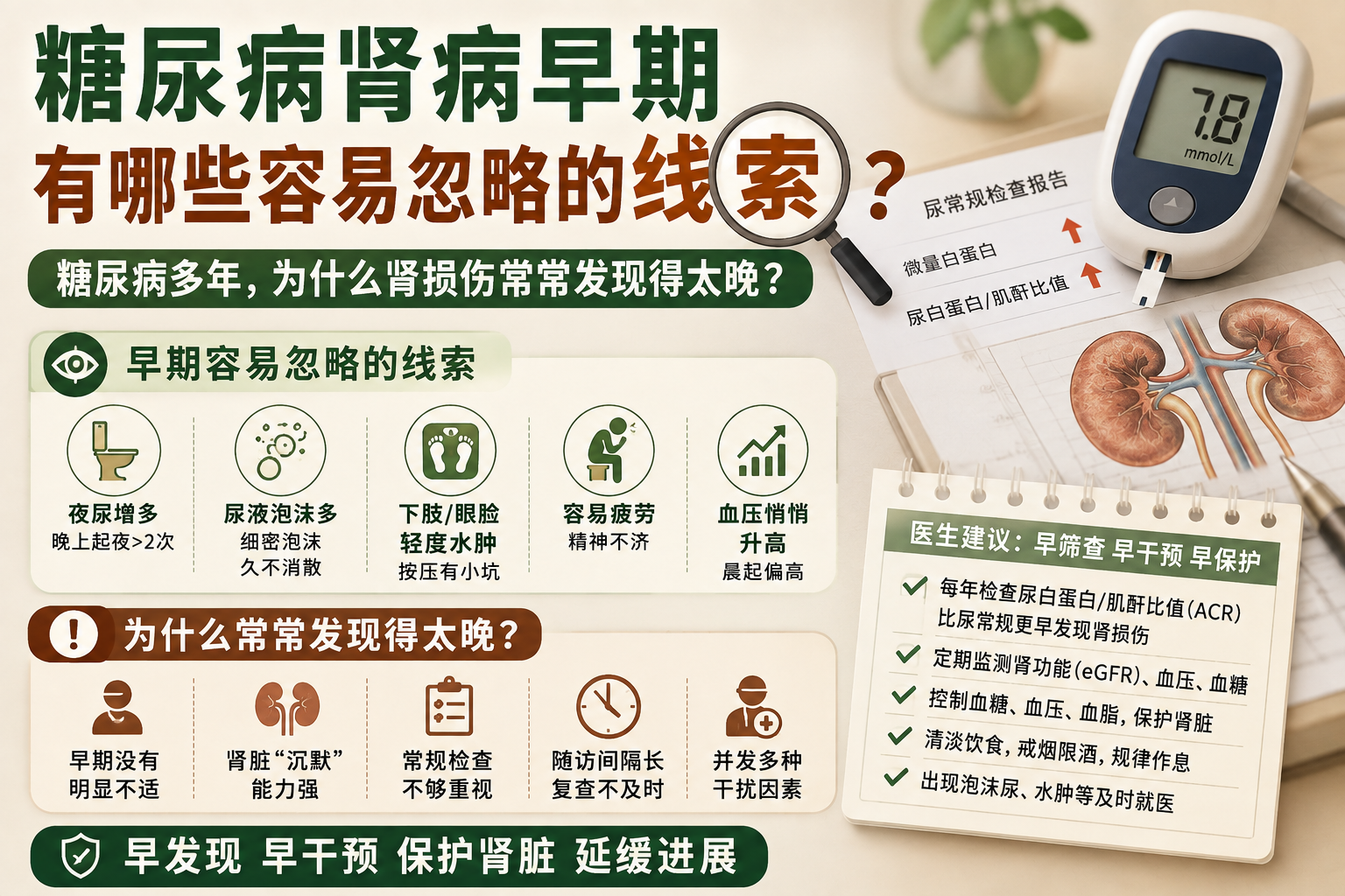 糖尿病肾病早期有哪些容易忽略的线索？糖尿病多年为什么肾损伤常常发现得太晚？