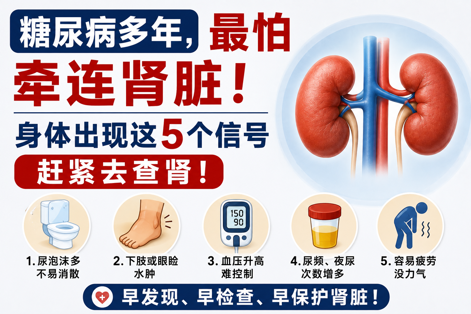 糖尿病多年，最怕牵连肾脏！身体出现这5个信号，赶紧去查肾