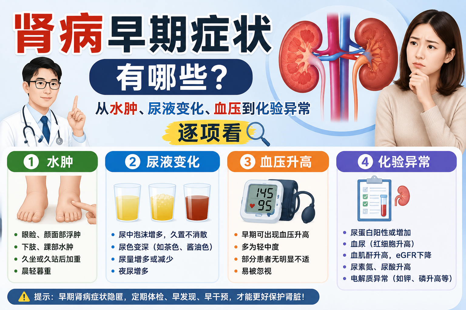 肾病早期症状有哪些？从水肿、尿液变化、血压到化验异常逐项看