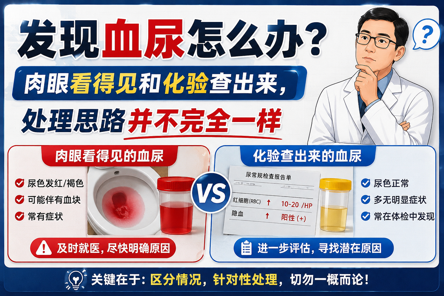 发现血尿怎么办？肉眼看得见和化验查出来，处理思路并不完全一样