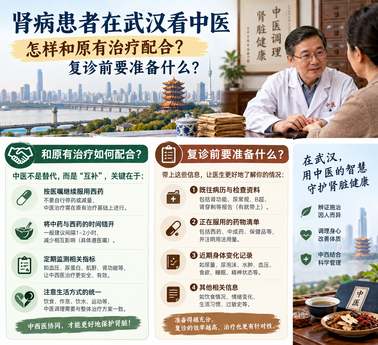 肾病患者在武汉看中医，怎样和原有治疗配合？复诊前要准备什么？