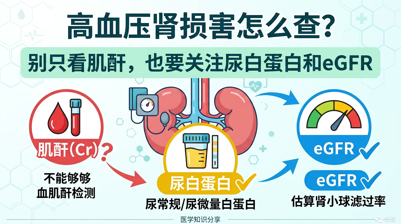 高血压肾损害怎么查？别只看肌酐，也要关注尿白蛋白和eGFR