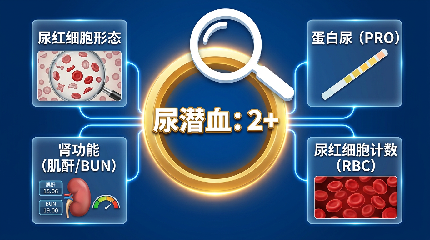 尿潜血2+怎么查原因？尿红细胞、蛋白尿和肾功能要一起看