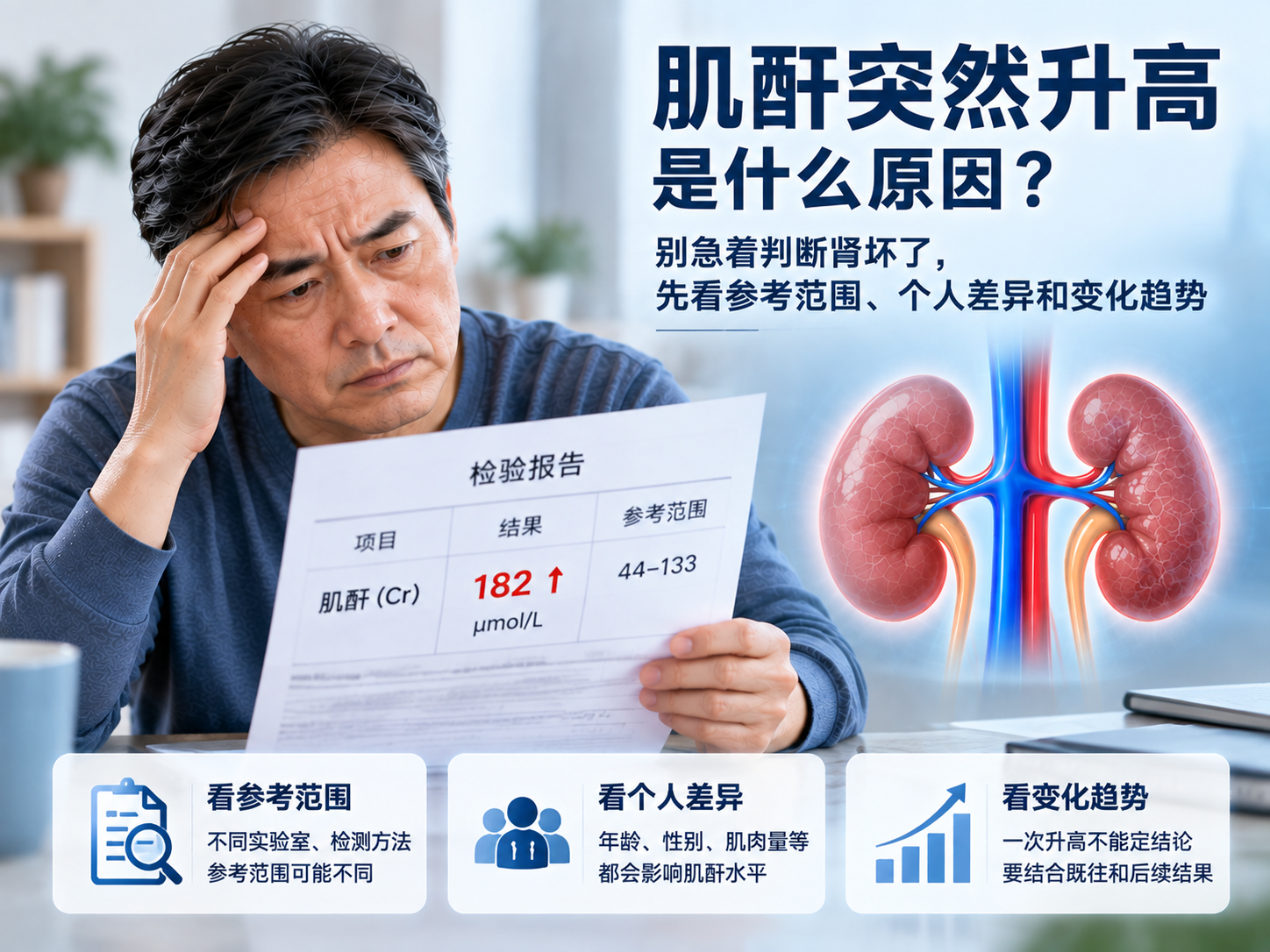 肌酐突然升高是什么原因？别急着判断肾坏了，先看参考范围、个人差异和变化趋势