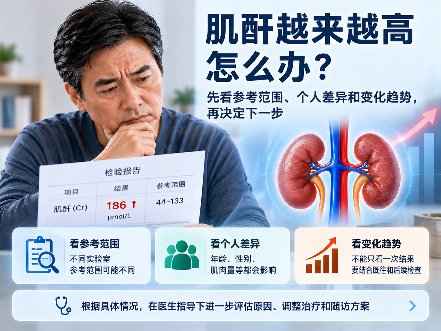 肌酐越来越高怎么办？先看参考范围、个人差异和变化趋势，再决定下一步