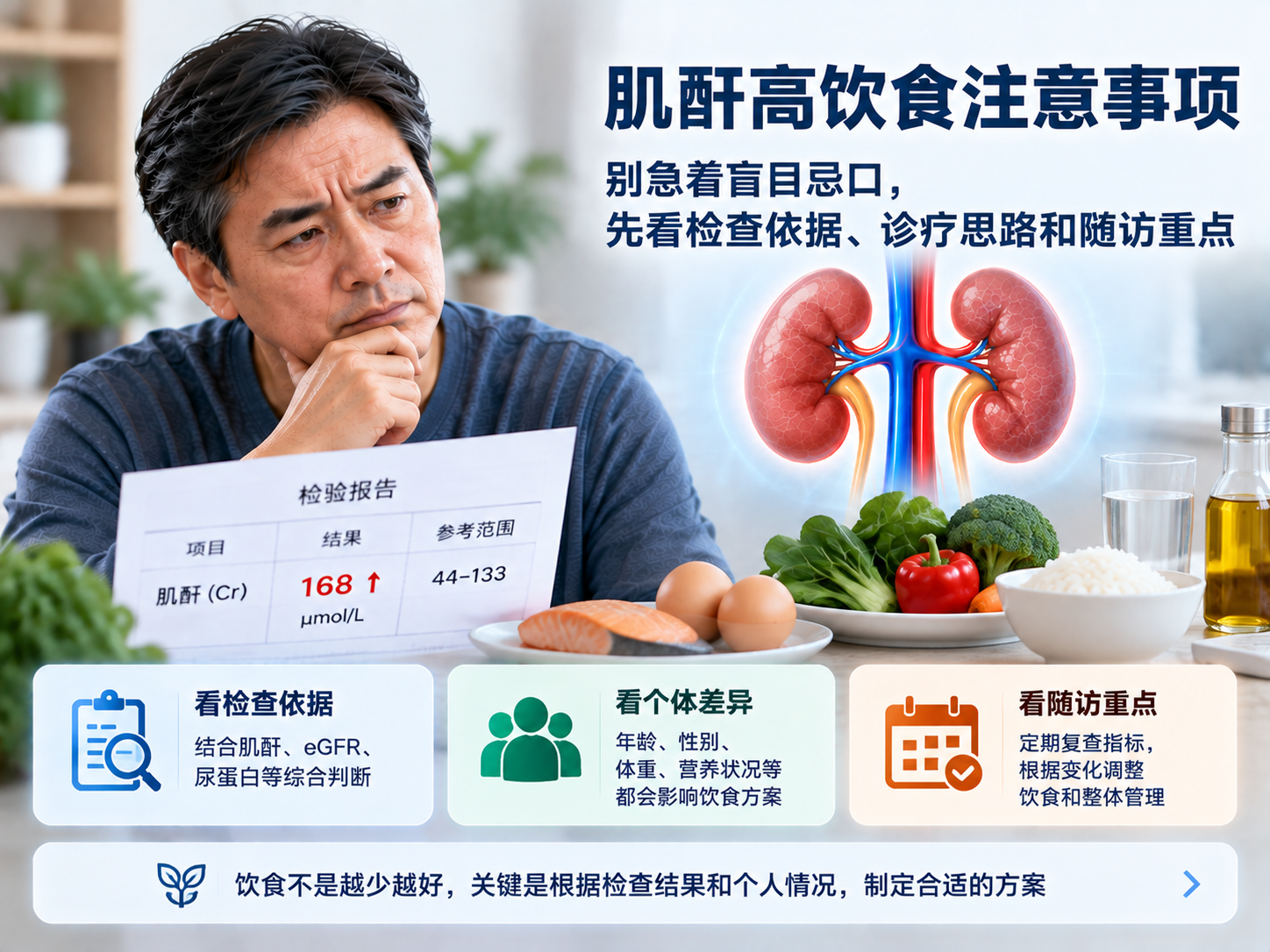 肌酐高饮食注意事项：别急着盲目忌口，先看检查依据、诊疗思路和随访重点