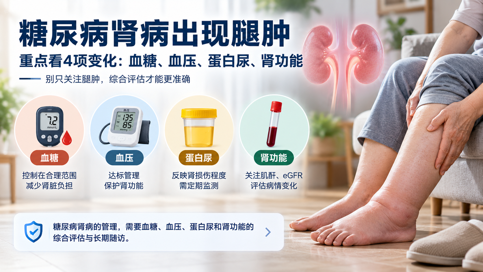 糖尿病肾病出现腿肿，重点看4项变化：血糖、血压、蛋白尿、肾功能