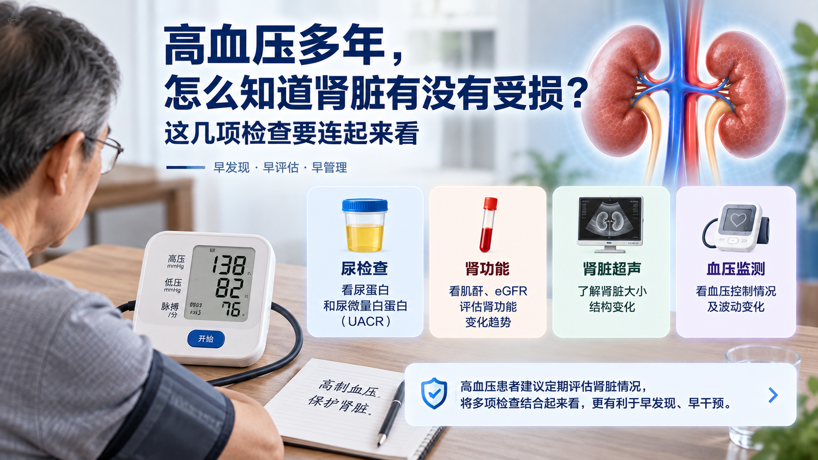 高血压多年，怎么知道肾脏有没有受损？这几项检查要连起来看