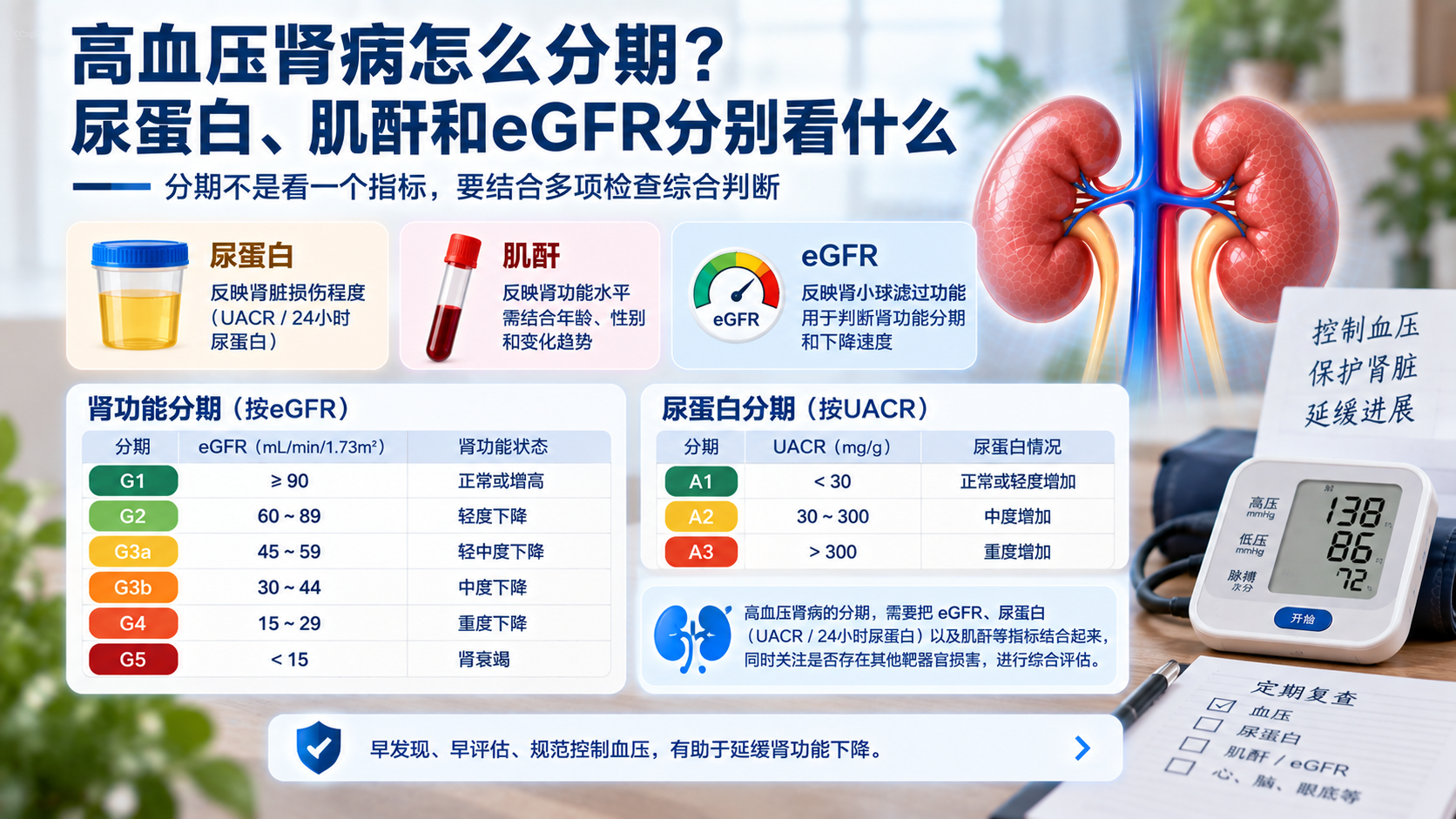 高血压肾病怎么分期？尿蛋白、肌酐和eGFR分别看什么