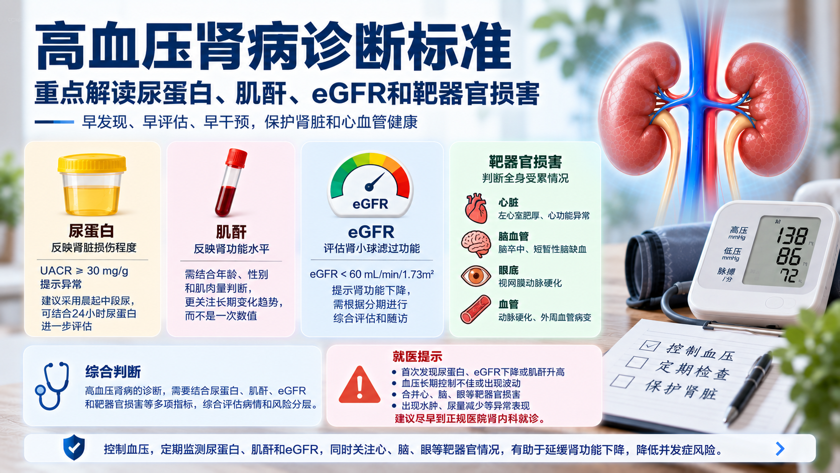 高血压肾病诊断标准｜重点解读尿蛋白、肌酐、eGFR和靶器官损害，并说明就医注意事项
