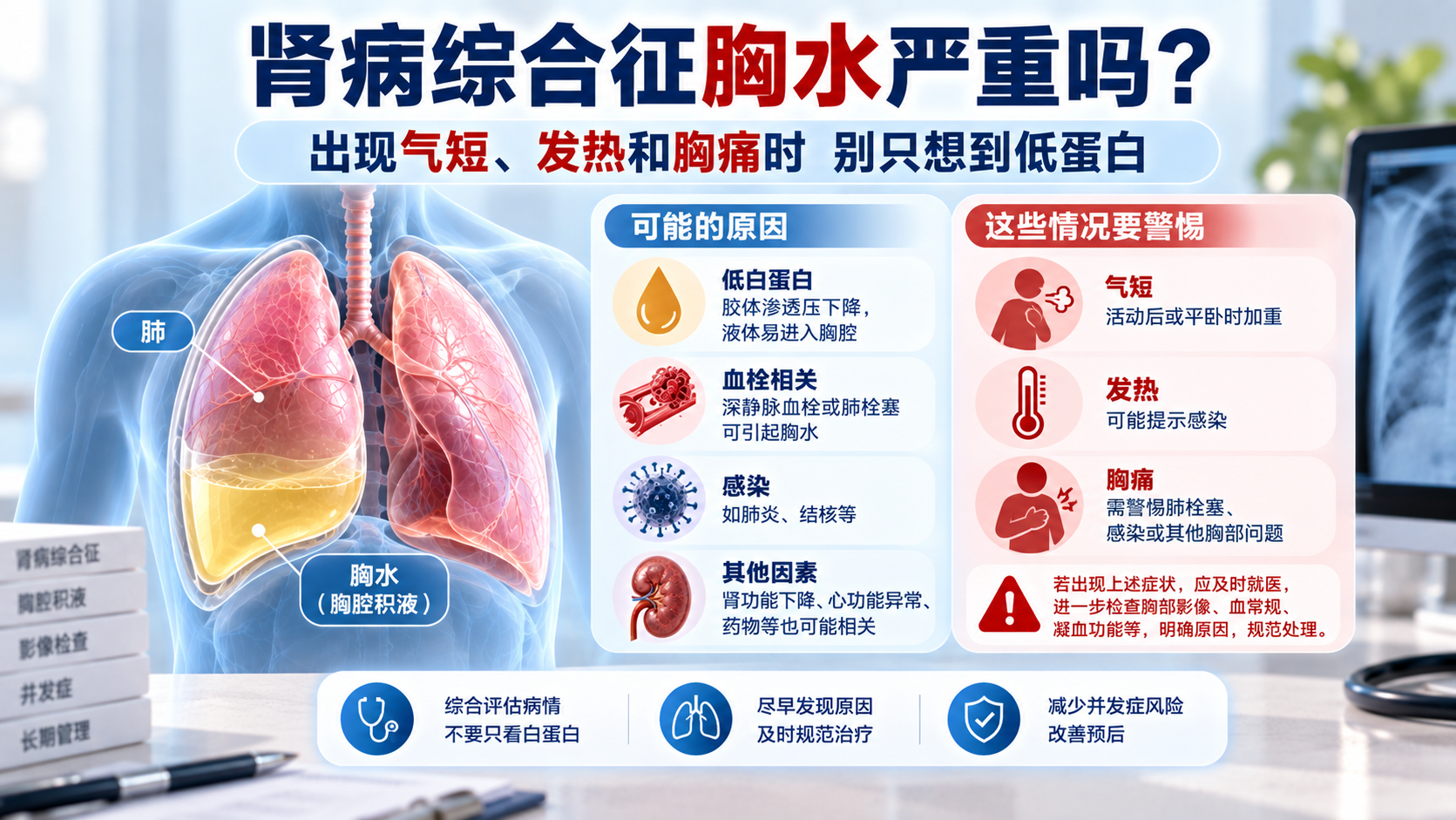 肾病综合征胸水严重吗？出现气短、发热和胸痛时别只想到低蛋白