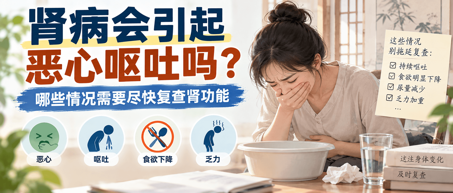 肾病会引起恶心呕吐吗？哪些情况需要尽快复查肾功能