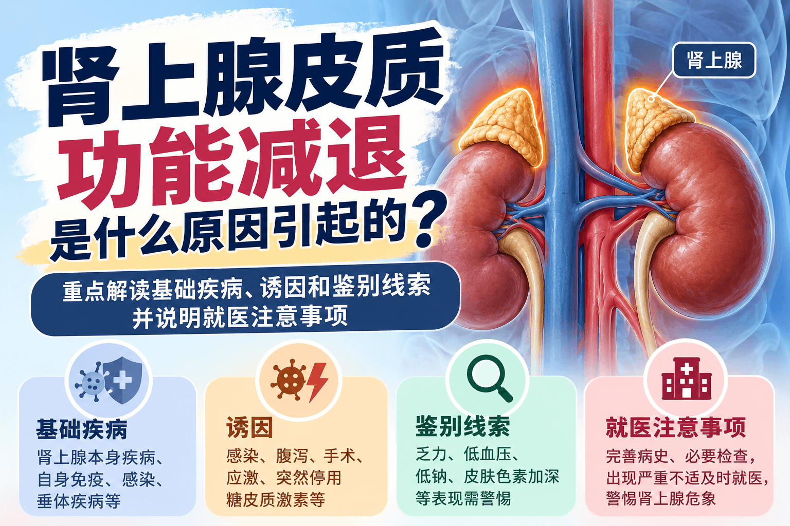 肾上腺皮质功能减退是什么原因引起的｜重点解读基础疾病、诱因和鉴别线索，并说明就医注意事项
