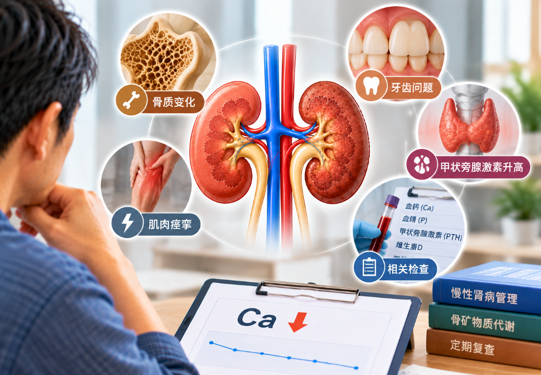 慢性肾病钙低｜重点解读肾功能下降后的常见并发症和监测重点，并说明就医注意事项